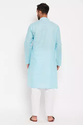 Aqua And White Cotton Kurta Pyjama Set