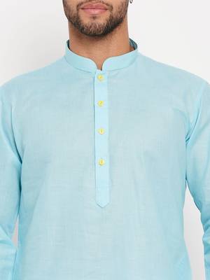 Aqua And White Cotton Kurta Pyjama Set 4