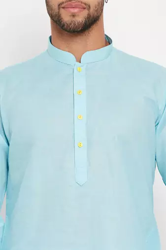 Aqua And White Cotton Kurta Pyjama Set