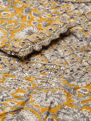 women's scoop neck ethnic motifs block print yellow straight kurta and trouser with dupatta 3