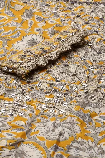 women's scoop neck ethnic motifs block print yellow straight kurta and trouser with dupatta