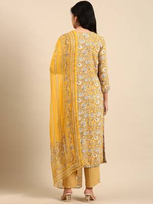 women's scoop neck ethnic motifs block print yellow straight kurta and trouser with dupatta 4