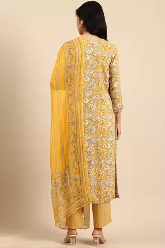 women's scoop neck ethnic motifs block print yellow straight kurta and trouser with dupatta