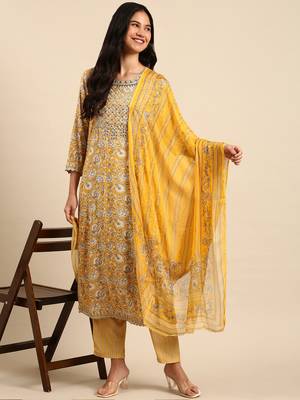women's scoop neck ethnic motifs block print yellow straight kurta and trouser with dupatta 5