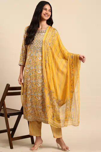 women's scoop neck ethnic motifs block print yellow straight kurta and trouser with dupatta
