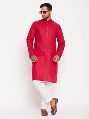 Maroon And White Cotton Kurta Pyjama Set 1