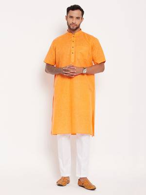 Orange And White Cotton Kurta Pyjama Set 1