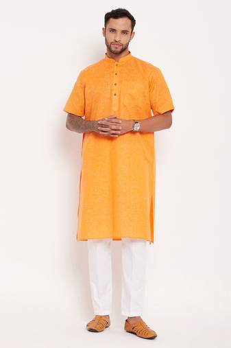 Men'S Orange And White Cotton Kurta Pyjama Set