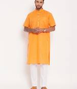 Orange And White Cotton Kurta Pyjama Set