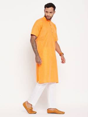 Orange And White Cotton Kurta Pyjama Set 2