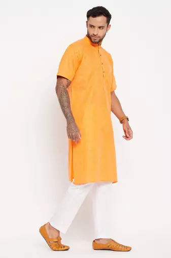 Orange And White Cotton Kurta Pyjama Set