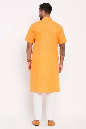 Orange And White Cotton Kurta Pyjama Set