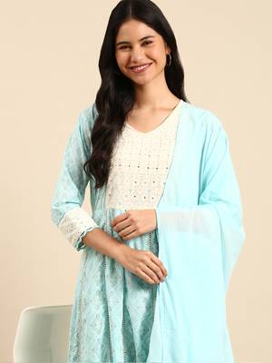 Showoff women's scoop neck bandhani foil print blue anarkali kurta and trouser with dupatta 1