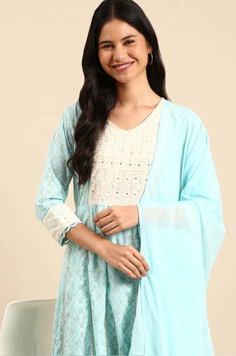 Showoff women's scoop neck bandhani foil print blue anarkali kurta and trouser with dupatta