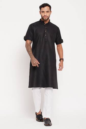 Men'S Black And White Cotton Kurta Pyjama Set