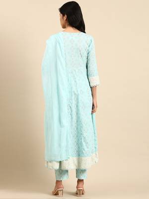 Showoff women's scoop neck bandhani foil print blue anarkali kurta and trouser with dupatta 4