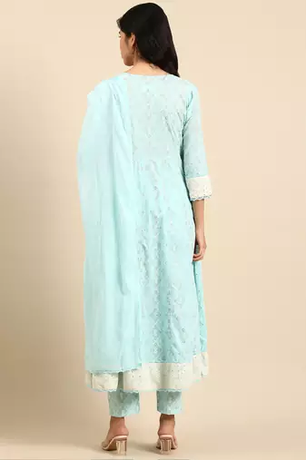 Showoff women's scoop neck bandhani foil print blue anarkali kurta and trouser with dupatta