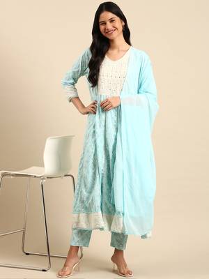 Showoff women's scoop neck bandhani foil print blue anarkali kurta and trouser with dupatta 5