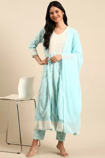 Showoff women's scoop neck bandhani foil print blue anarkali kurta and trouser with dupatta