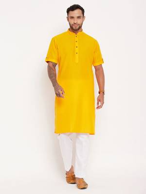 Mustard And White Cotton Kurta Pyjama Set 1