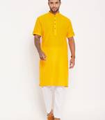 Mustard And White Cotton Kurta Pyjama Set