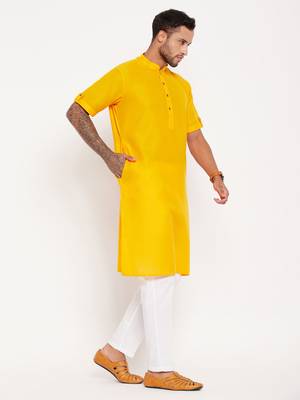Mustard And White Cotton Kurta Pyjama Set 2
