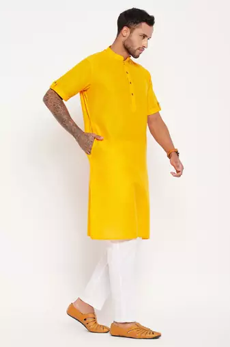 Mustard And White Cotton Kurta Pyjama Set