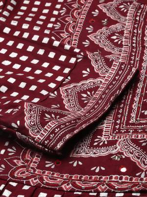 Showoff women's mandarin collar geometric foil print burgundy anarkali kurta and trouser with dupatta 3