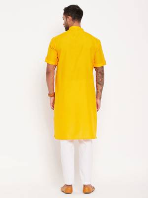 Mustard And White Cotton Kurta Pyjama Set 3