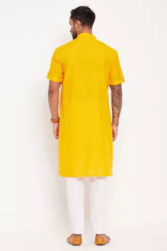 Mustard And White Cotton Kurta Pyjama Set