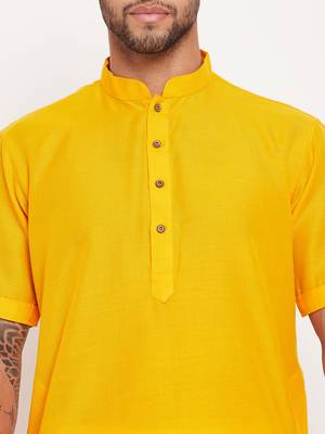 Mustard And White Cotton Kurta Pyjama Set 4