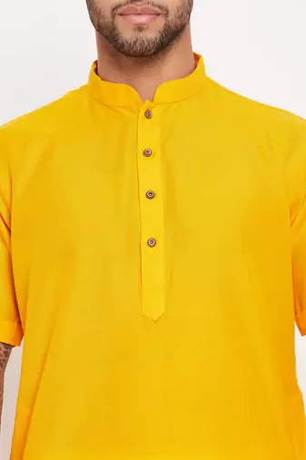 Mustard And White Cotton Kurta Pyjama Set