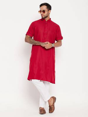 Maroon And White Cotton Kurta Pyjama Set 1