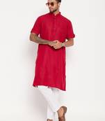 Maroon And White Cotton Kurta Pyjama Set