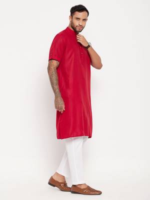 Maroon And White Cotton Kurta Pyjama Set 2