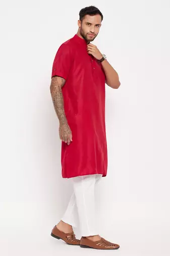 Maroon And White Cotton Kurta Pyjama Set