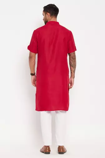 Maroon And White Cotton Kurta Pyjama Set