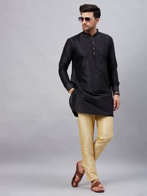 Black And Gold Cotton Blend Kurta Pyjama Set 1
