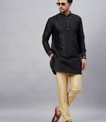 Black And Gold Cotton Blend Kurta Pyjama Set