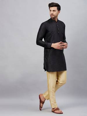 Black And Gold Cotton Blend Kurta Pyjama Set 2