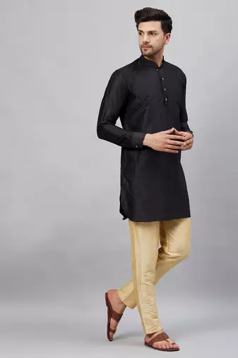 Black And Gold Cotton Blend Kurta Pyjama Set