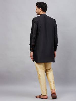 Black And Gold Cotton Blend Kurta Pyjama Set 3