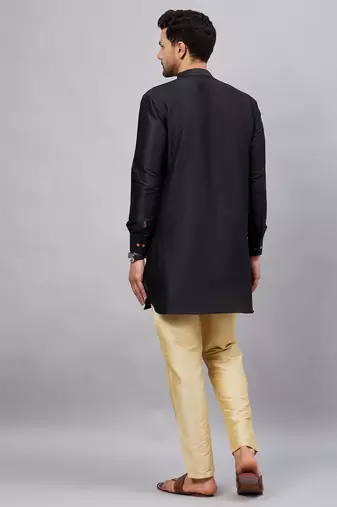 Black And Gold Cotton Blend Kurta Pyjama Set