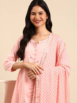Showoff women's scoop neck solid pink anarkali kurta and palazzos with dupatta 1