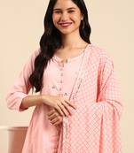 Showoff women's scoop neck solid pink anarkali kurta and palazzos with dupatta