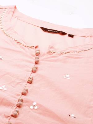 Showoff women's scoop neck solid pink anarkali kurta and palazzos with dupatta 2