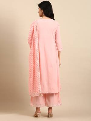 Showoff women's scoop neck solid pink anarkali kurta and palazzos with dupatta 4