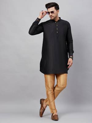 Men'S Black And Rose Gold Cotton Blend Kurta Pyjama Set 1