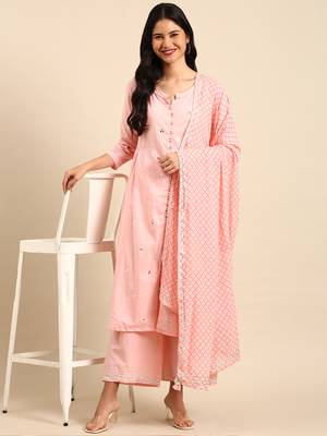 Showoff women's scoop neck solid pink anarkali kurta and palazzos with dupatta 5