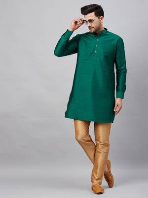 Green And Rose Gold Cotton Blend Kurta Pyjama Set 1